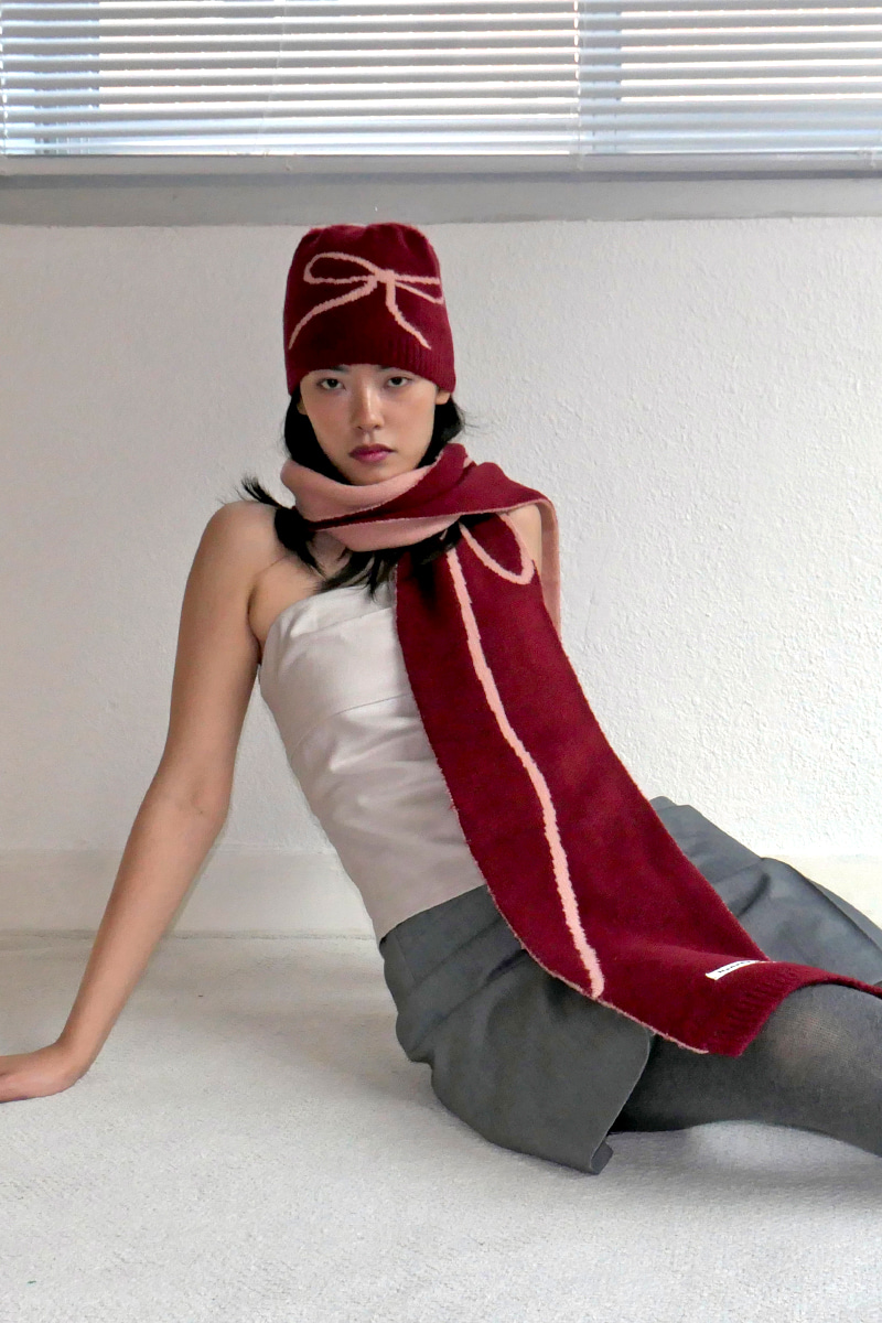 [Sold Out] RIBBON JACQUARD MUFFLER+BEANIE SET - RED